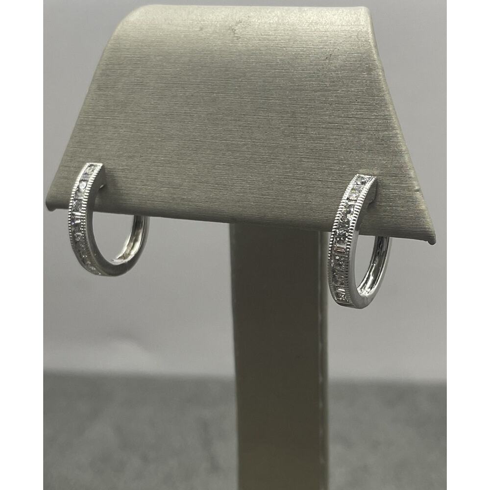 14K White Gold & Round Baguette Hoop Earrings (25083)